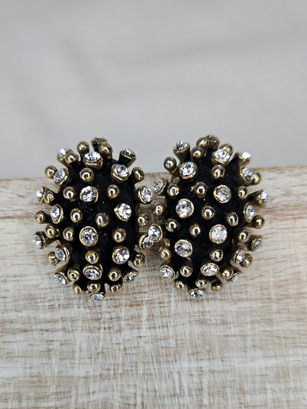 Vintage Brutalist Sputnik Stud Earrings Gold Rhinestone Atomic Domed Post EUC